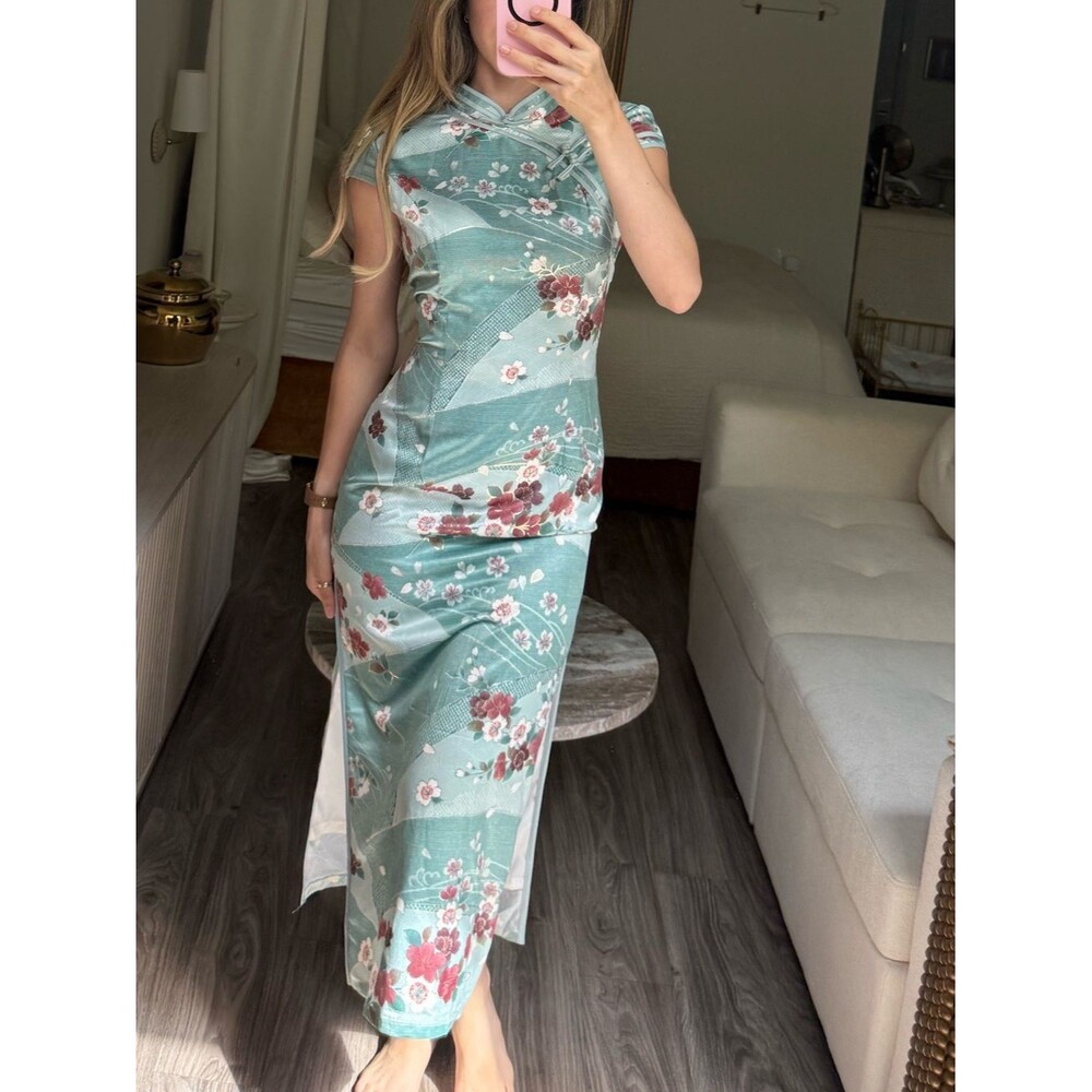 Vintage Y2K Mint Green Floral Cheongsam Dress Mandarin Collar Asian Midi Dress